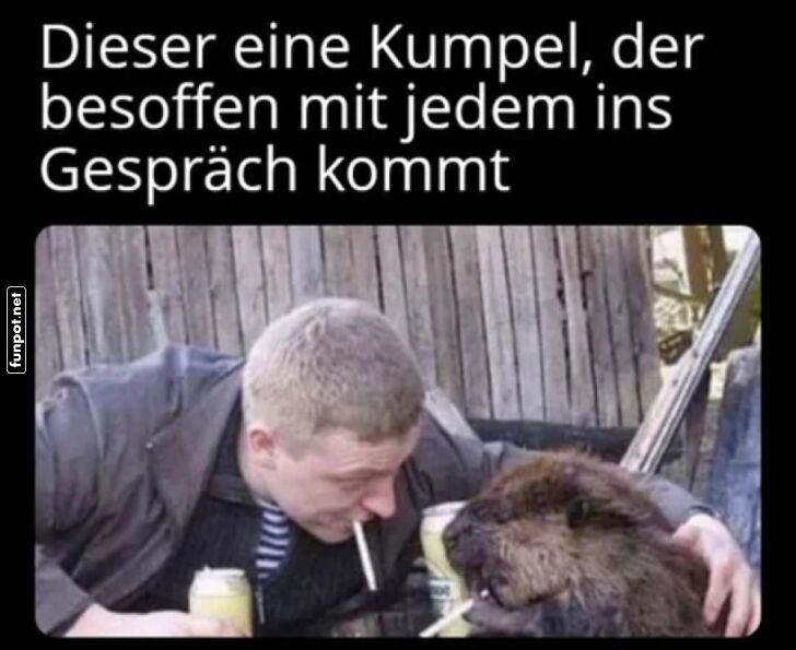 Betrunkener Kumpel im Gesprch mit einem Tier