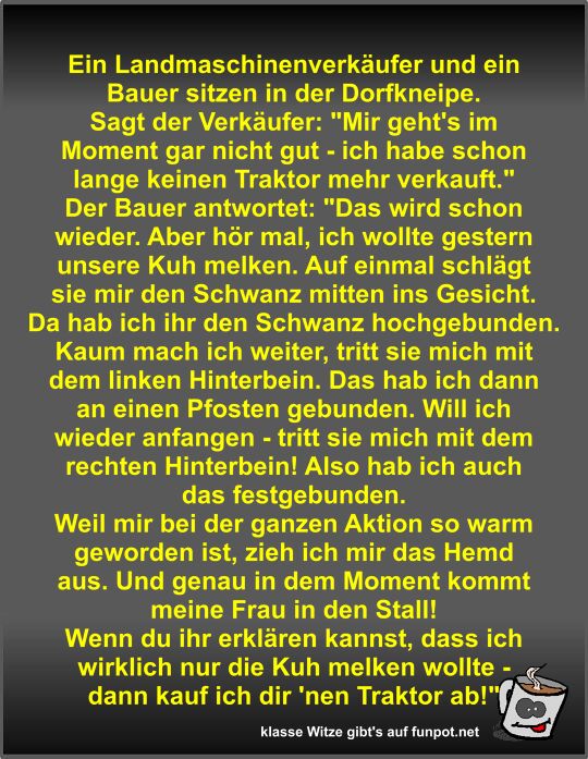 Ein Landmaschinenverkufer und ein Bauer sitzen in der...